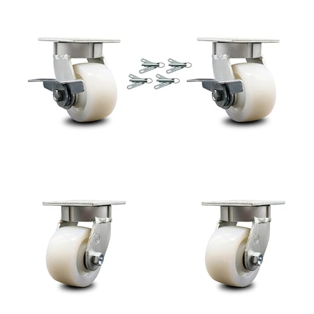 Service Caster 4 Inch Kingpinless Nylon Wheel Caster Swivel Locks 2 Brakes, 4PK SCC-KP30S420-NYR-SLB-BSL-2-BSL-2